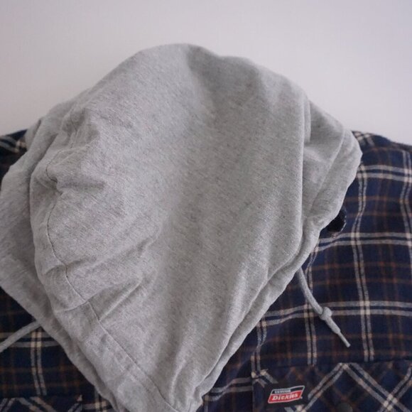 VTG '90s Dickies Navy Grey Quilt Lined Removable Hood Button Up Plaid Shacket XL - Picture 8 of 12